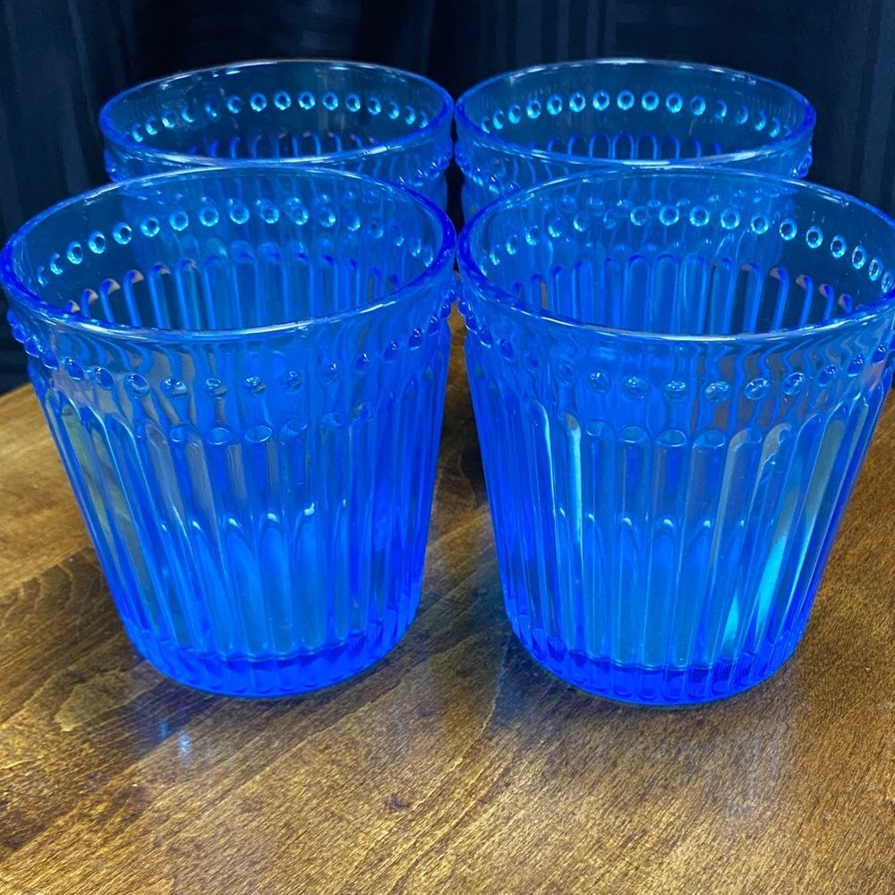 Blue Ribbed drinking Glasses Vintage Style Beaded Rim Tumblers Boho Set of 4